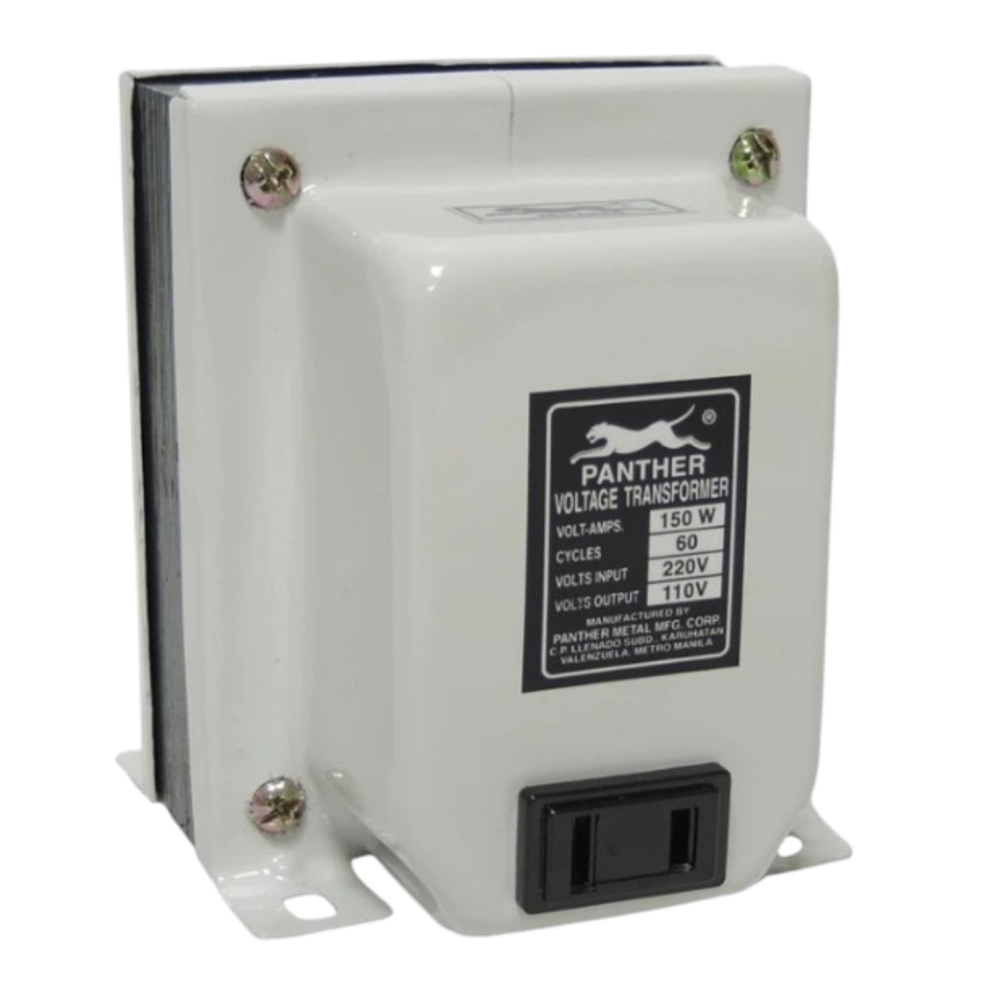 A white Panther Voltage Transducer with a black label and a black outlet on the front, photographed on a white background.