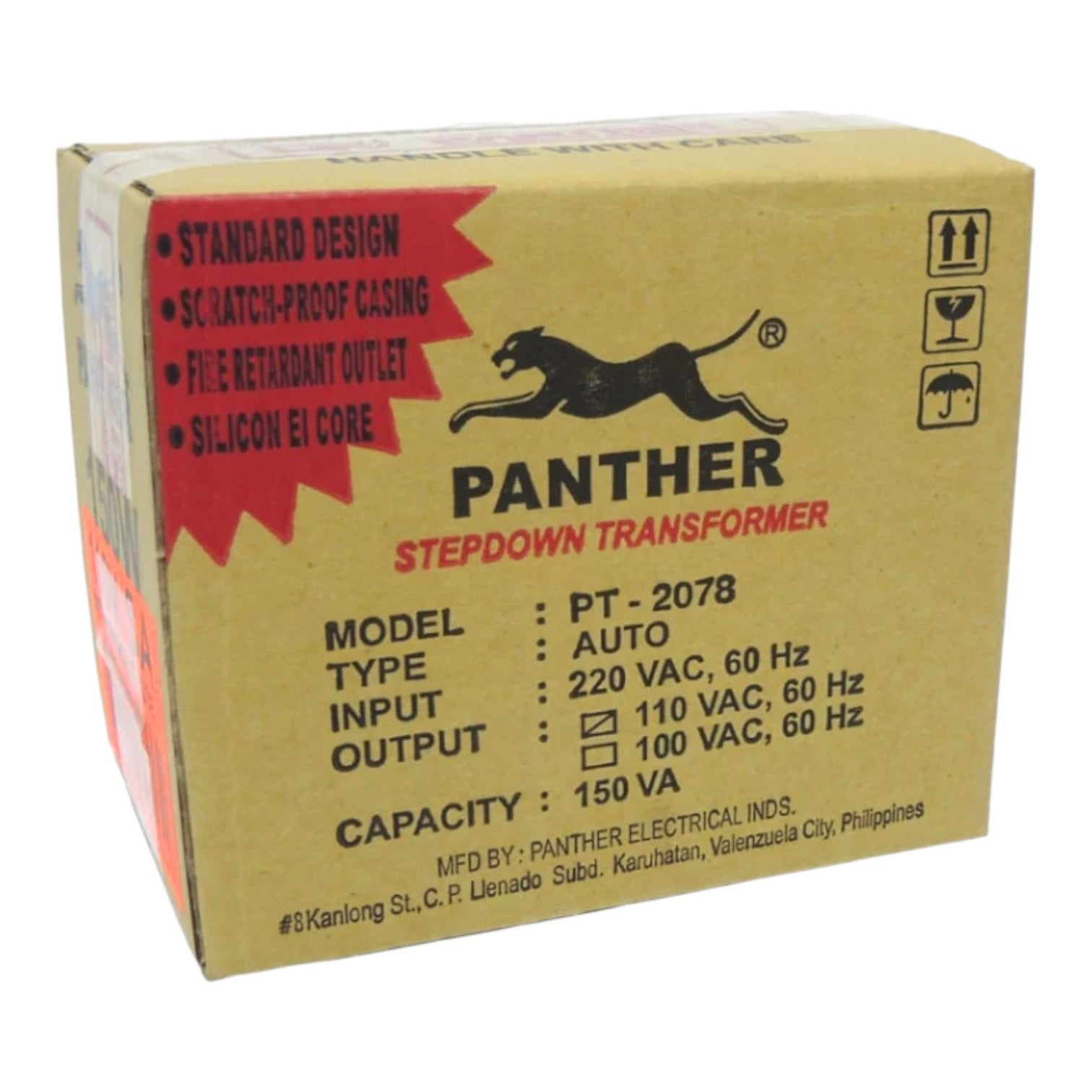 A cardboard box for a Panther Stepdown Transformer, model PT-2078. The box is tan with black text and a black panther logo, featuring a red starburst on the left with product features.