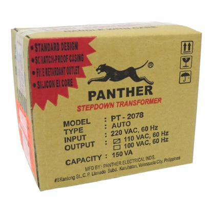 A cardboard box for a Panther Stepdown Transformer, model PT-2078. The box is tan with black text and a black panther logo, featuring a red starburst on the left with product features.