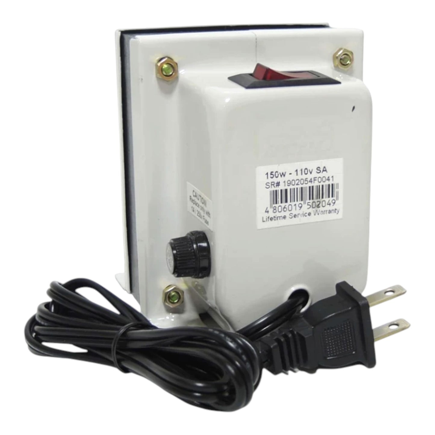 A 150W 110V SA power supply unit with a black power cord and plug, featuring a white plastic housing, a red switch, and a black dial, shown on a white background.