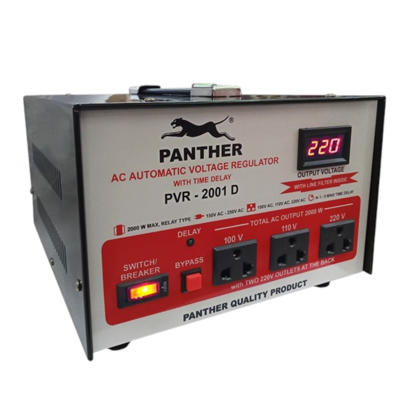 Panther PVR-2001D AC Automatic Voltage Regulator power supply unit with digital readout and multiple front outlets, shown on a plain white background.