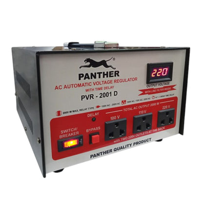 Panther PVR-2001D AC Automatic Voltage Regulator power supply unit with digital readout and multiple front outlets, shown on a plain white background.