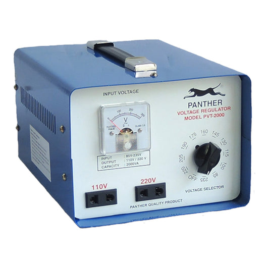 A blue and white Panther Voltage Regulator Model PVT-2000 power supply unit with a dial, voltmeter, and switches on a white background.