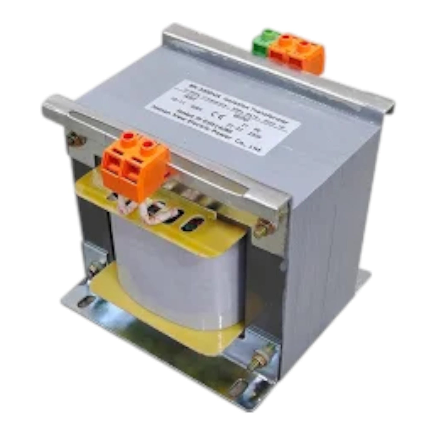 A square metal transformer with a gray outer casing, yellow internal core, and orange terminal blocks on the top and front, shown on a plain white background.