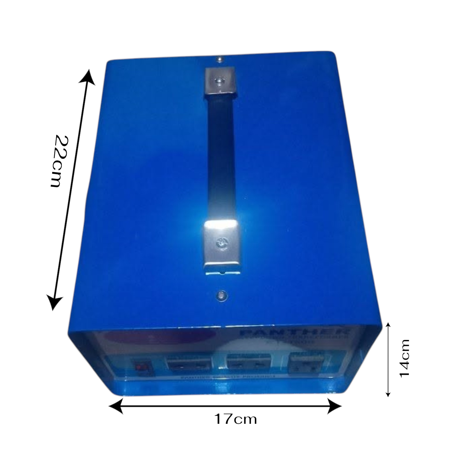 Blue rectangular battery or power unit shown from above with dimension arrows and labels indicating 22 cm height, 17 cm width, and 14 cm depth on a white background.
