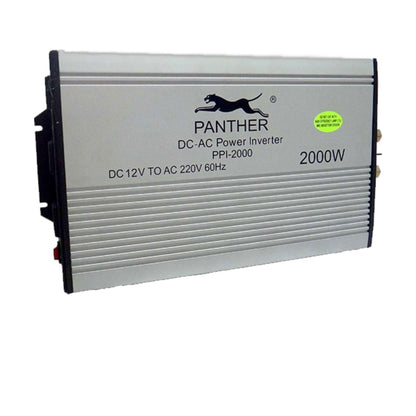 A silver aluminum DC-AC power inverter with black side panels and a black Panther logo on the front, labeled 2000W.