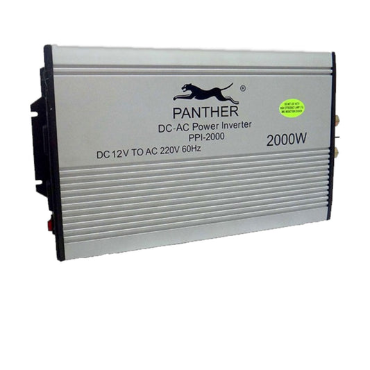 A silver aluminum DC-AC power inverter with black side panels and a black Panther logo on the front, labeled 2000W.
