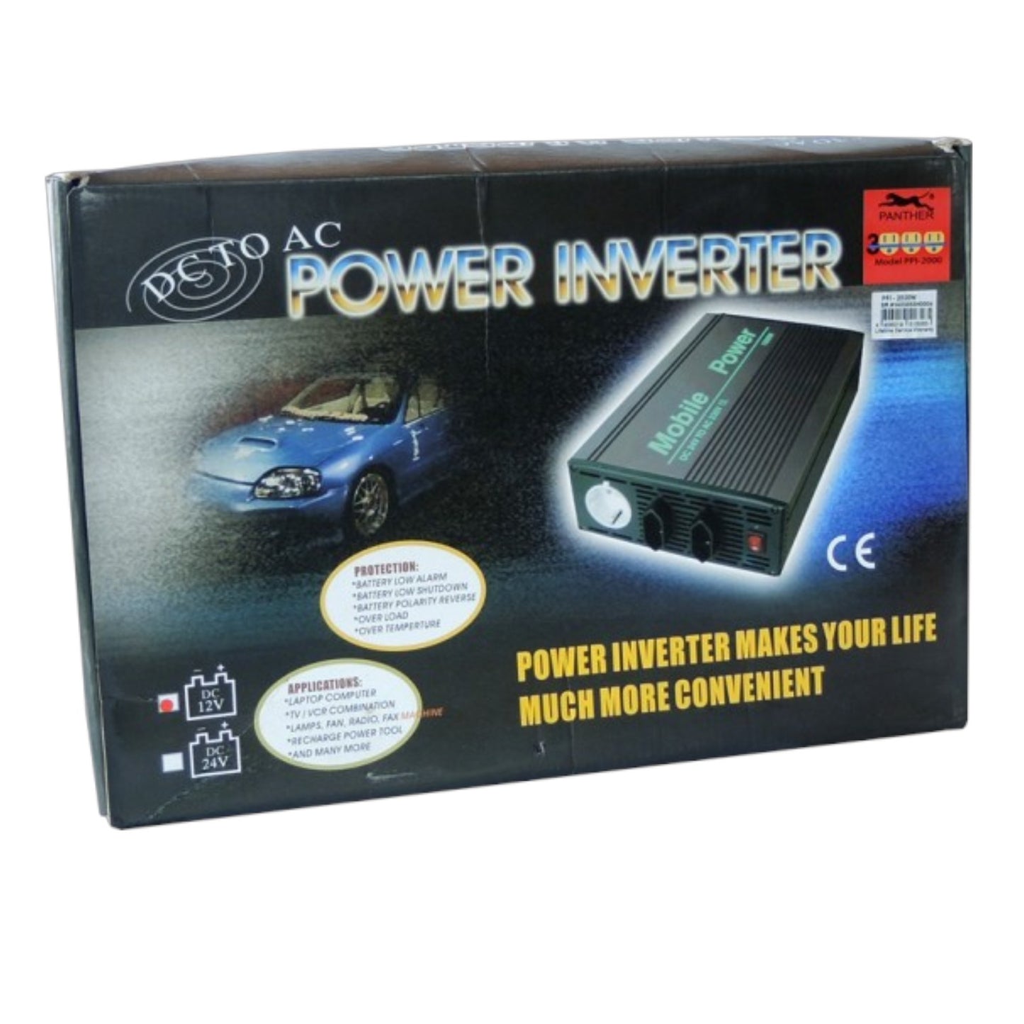 A boxed automotive power inverter product on a plain white background. The retail box shows the text 'DETO AC POWER INVERTER,' a blue car photo, a rendered black inverter unit, and promotional copy about convenience.