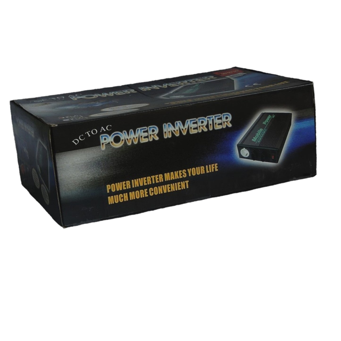 A black retail box for a DCTO AC Power Inverter, featuring gold and white text and a graphic of the device on a white background.