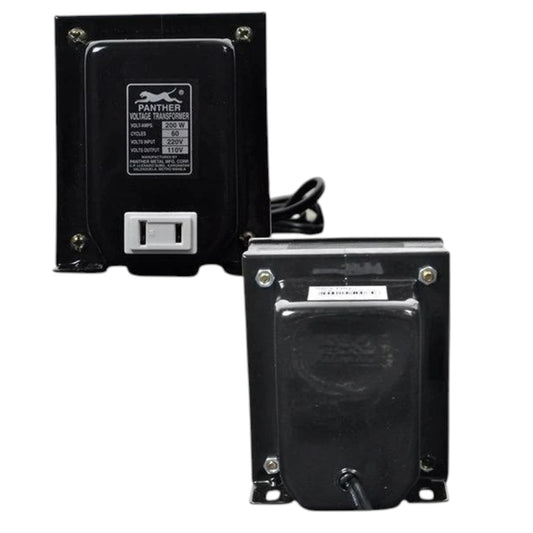 Two black Panther volume transformers shown from different angles on a white background, one displaying the front panel with a silver terminal and the other showing the back with screw terminals.