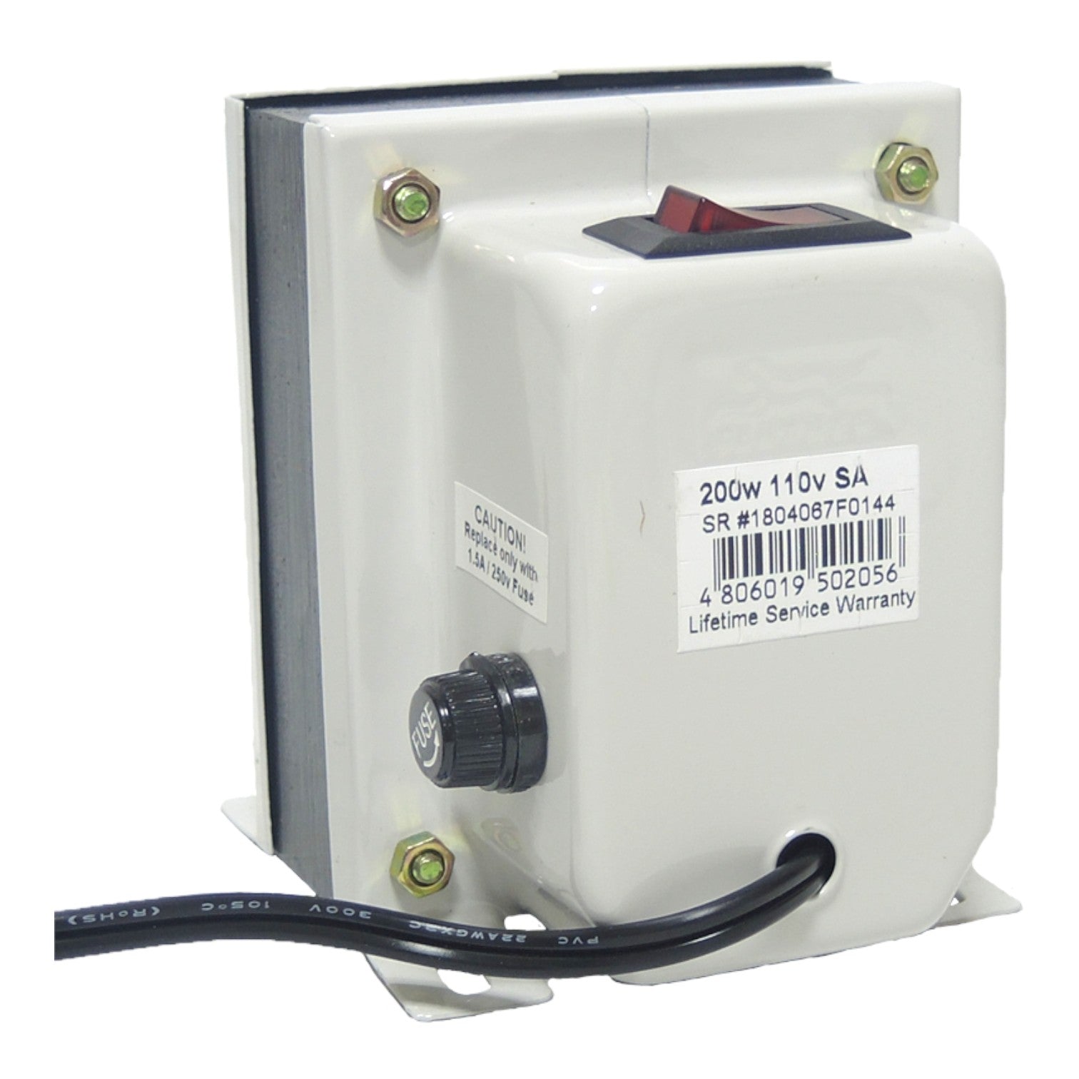 A white electrical transformer or power supply with a red switch, black cable, and control knob, shown on a white background.