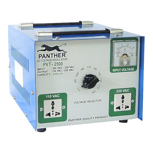 A Panther PVT-2500 AC Voltage Regulator shown on a plain white background. The device features a blue metal casing with a silver front panel, a black rotary switch, a dial gauge, and green-accented outlet labels.