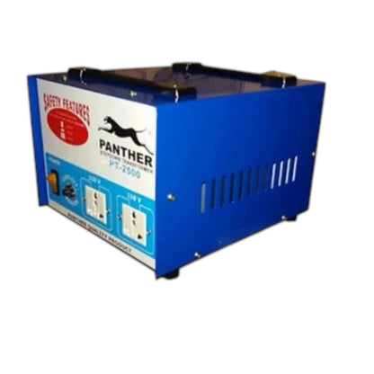 A blue industrial power supply or transformer unit branded Panther, with a white front label showing safety features and outlet icons, photographed on a plain white background.