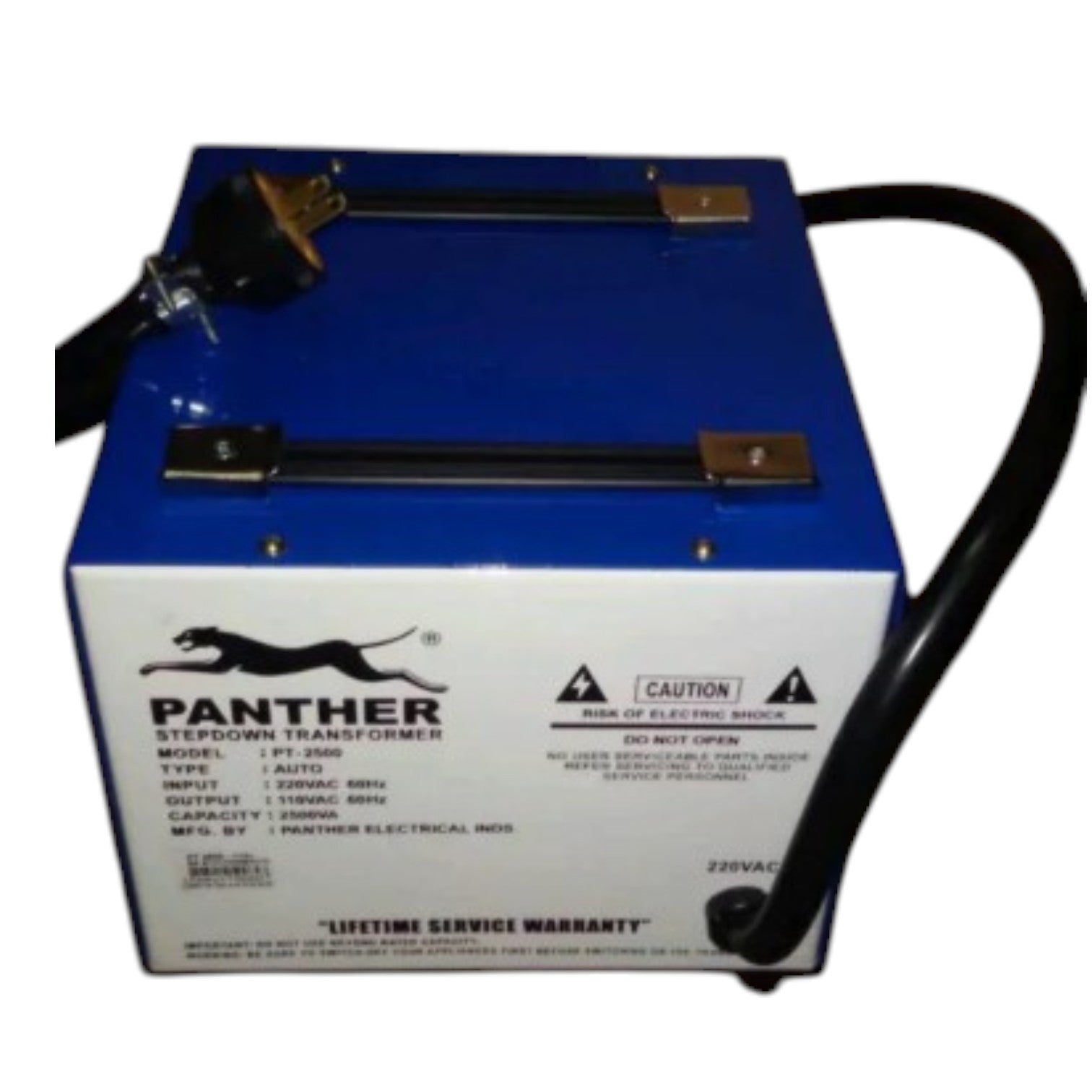 A Panther stepdown transformer battery with a blue top and white front panel, featuring a black cable and metal terminals.