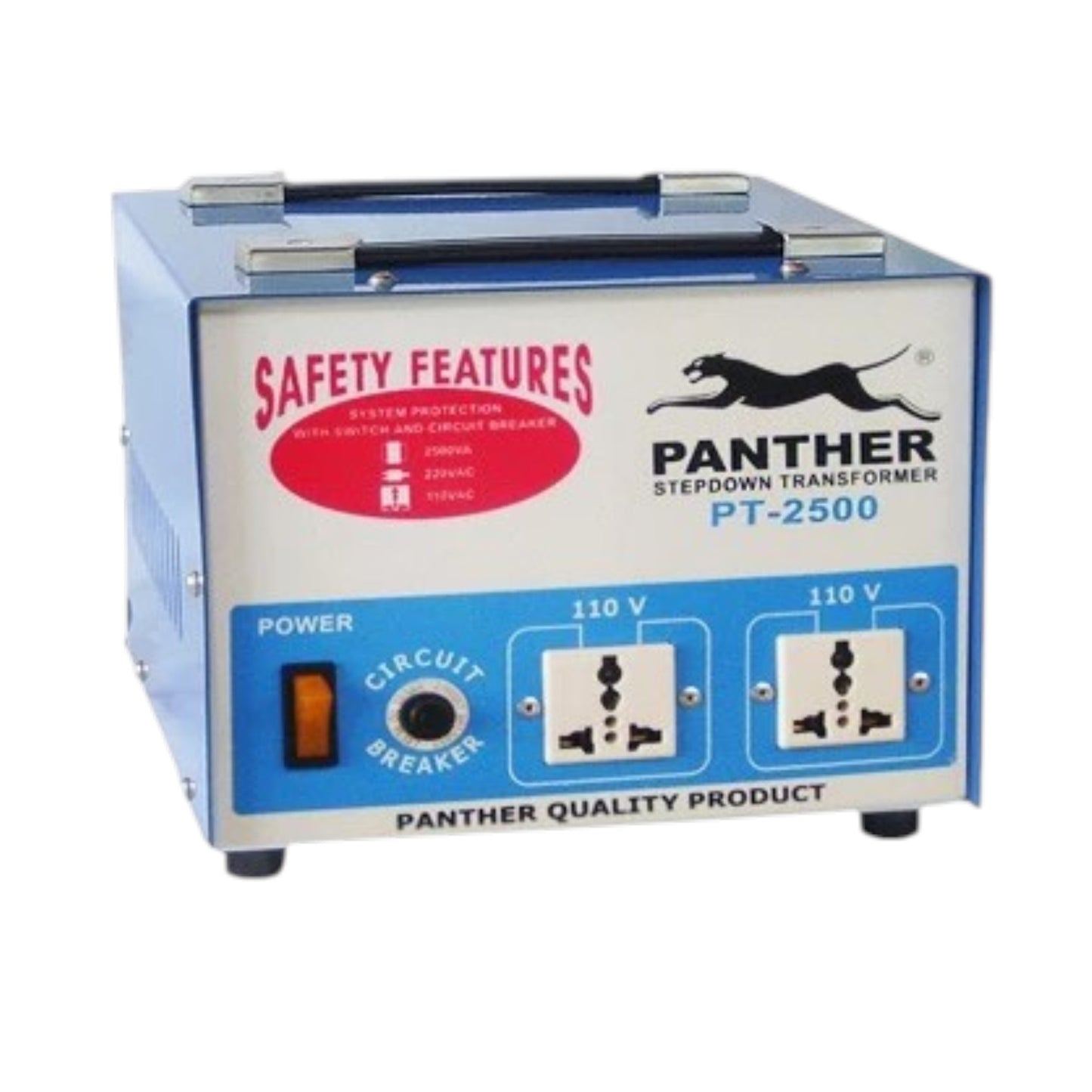 A blue and white Panther Stepdown Transformer PT-2500 electrical device with a handle on top, featuring safety features text, a power switch, circuit breaker, and two 110V outlet icons on the front panel.