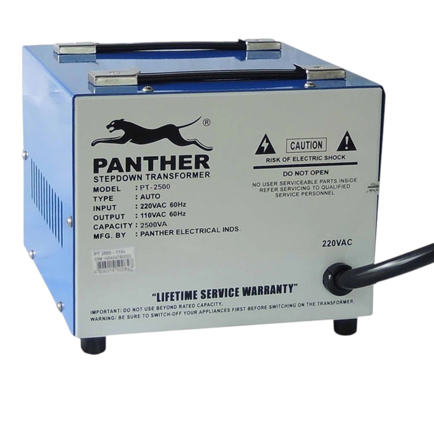 A Panther Electrical Industries stepdown transformer, model PT-2500, with a blue metal casing, a silver front panel with black text and logo, and a black power cord extending from the right side.