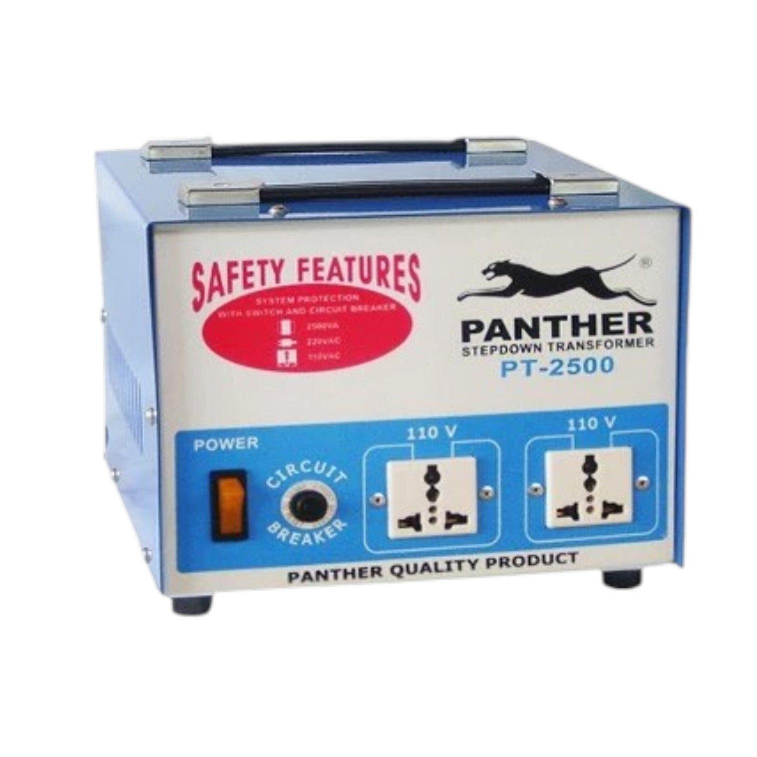 A blue and white Panther Steepdown Transformer PT-2500 step-down transformer unit with safety features, dual 110V outlets, and a power circuit breaker switch on the front panel.