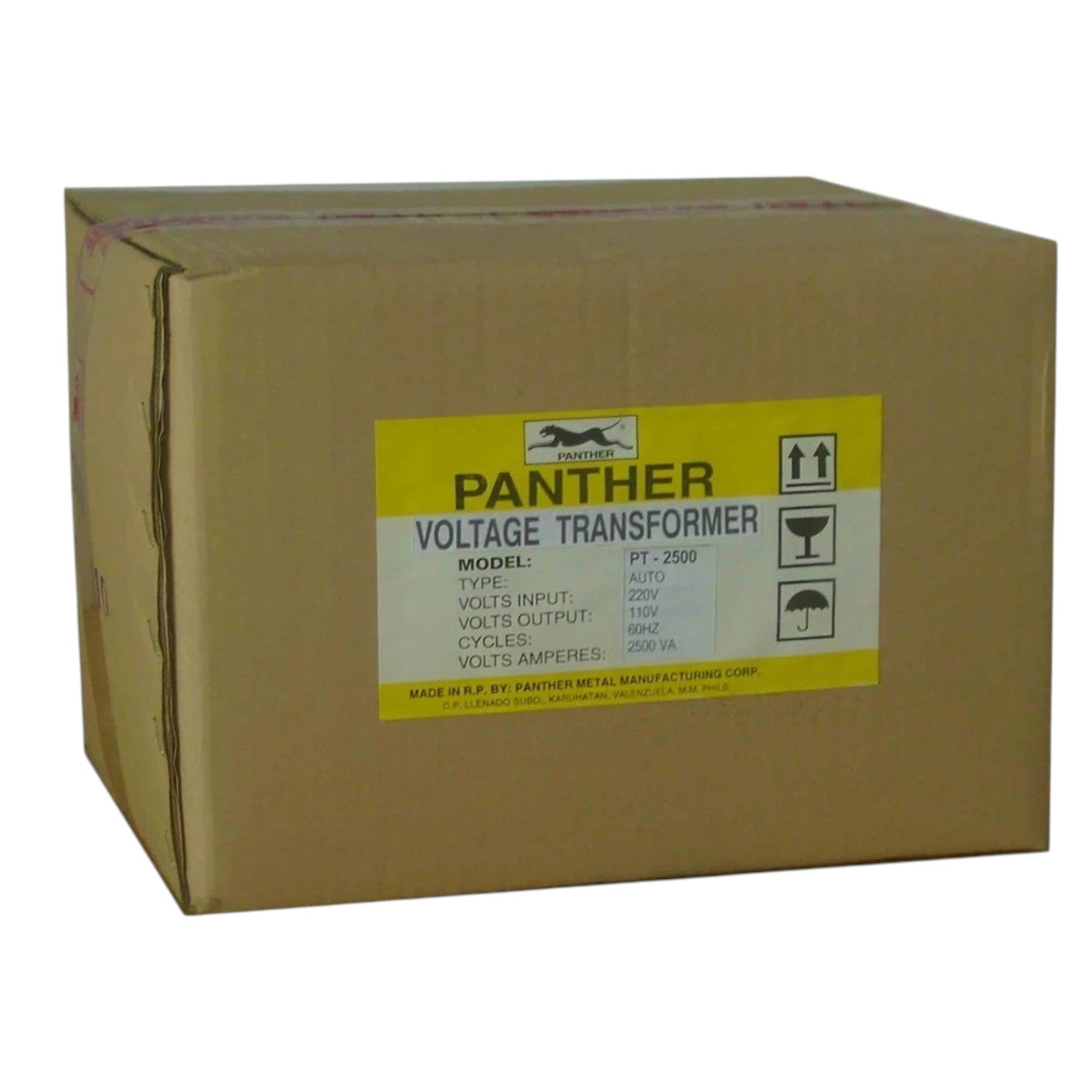 A large brown cardboard shipping box with a yellow and white label reading 'PANTHER VOLTAGE TRANSFORMER' and product details, photographed on a plain white background.