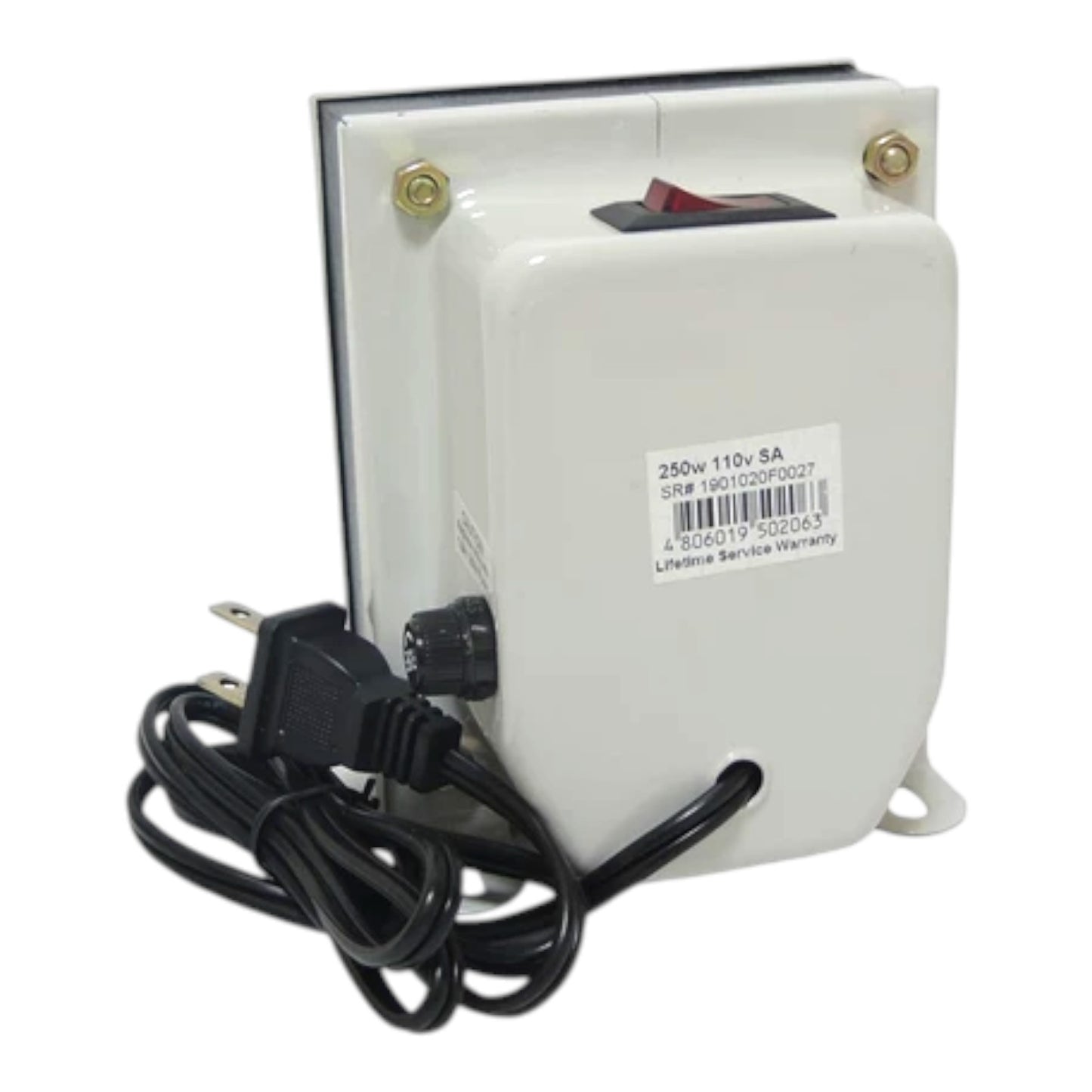 A white electrical power supply or transformer with a black power cord, a red switch, and a product label on a white background.