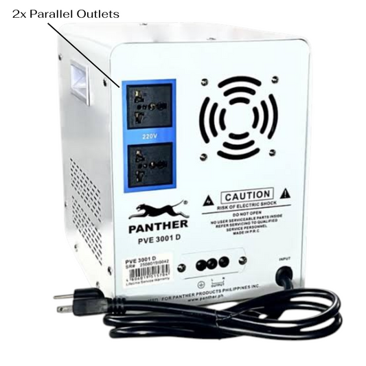 Panther PVE 3001 D power supply unit with attached power cord, shown from the rear on a white background.