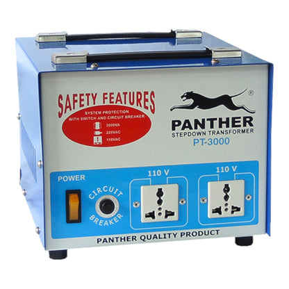 A blue and silver Panther Stepdown Transformer PT-3000 electrical device with dual 110V outlets, a power switch, and a circuit breaker on the front panel, shown on a white background.