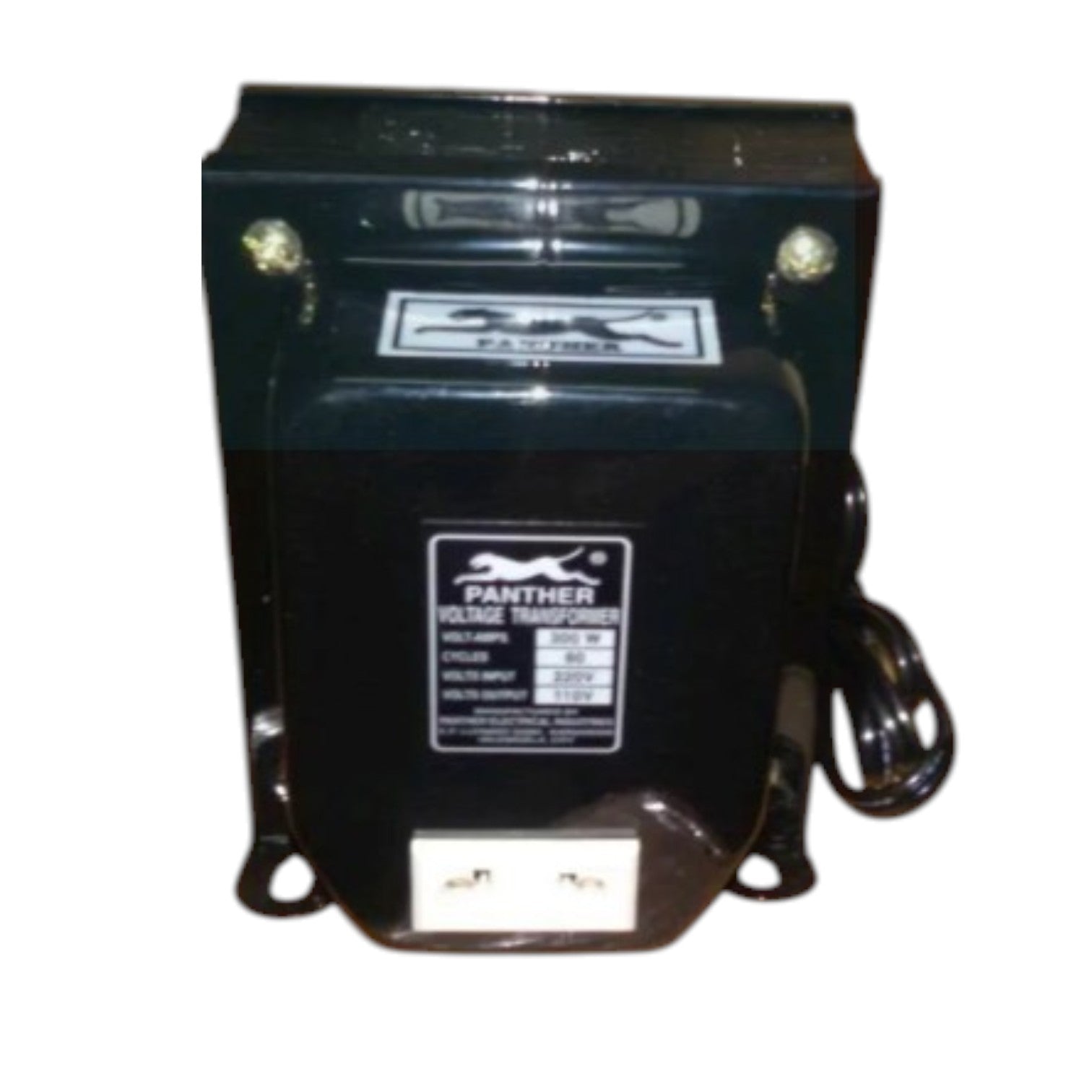 A black Panther voltage transformer with a visible brand label, terminal screws, and a power cord, isolated on a white background.