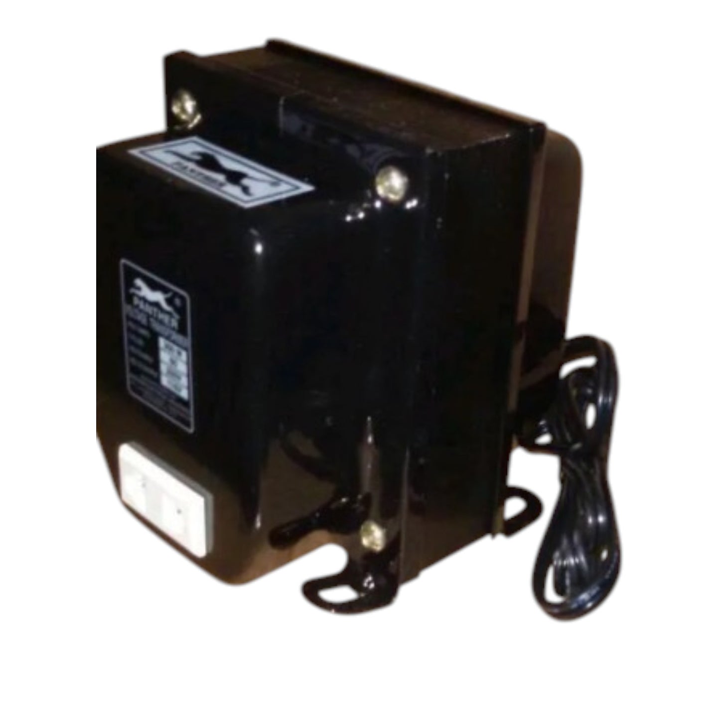 A black low-tension DC power transformer with a power cord, shown on a plain white background.