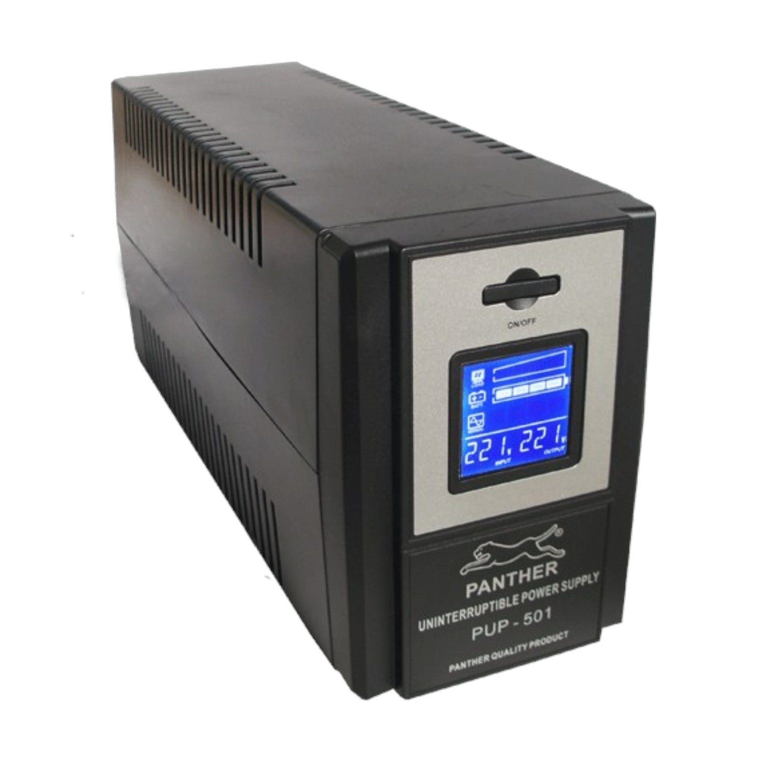 Panther PUP-501 uninterruptible power supply, black with a silver front panel and a blue backlit LCD display screen, shown on a white background.