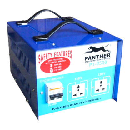 A blue and light blue Panther stepdown transformer PT-3500 electrical device with black handles on top, shown on a plain white background.