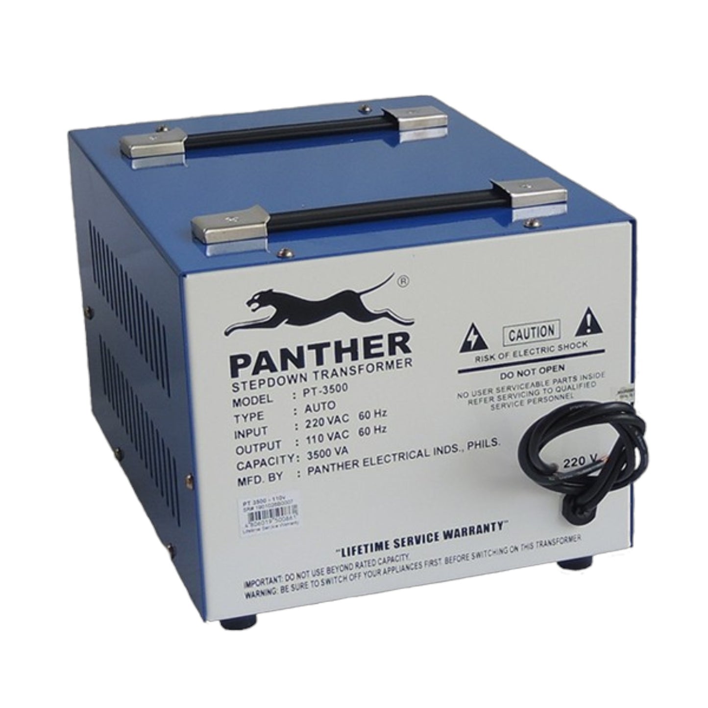 A blue and white Panther Stepdown Transformer (PT-3500) by Panther Electrical Industries, shown on a white background with its power cord attached.