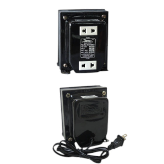 A black electrical transformer or power adapter shown from two angles on a white background, with one view displaying the front outlet panel and the other showing the side with a power cord and plug.
