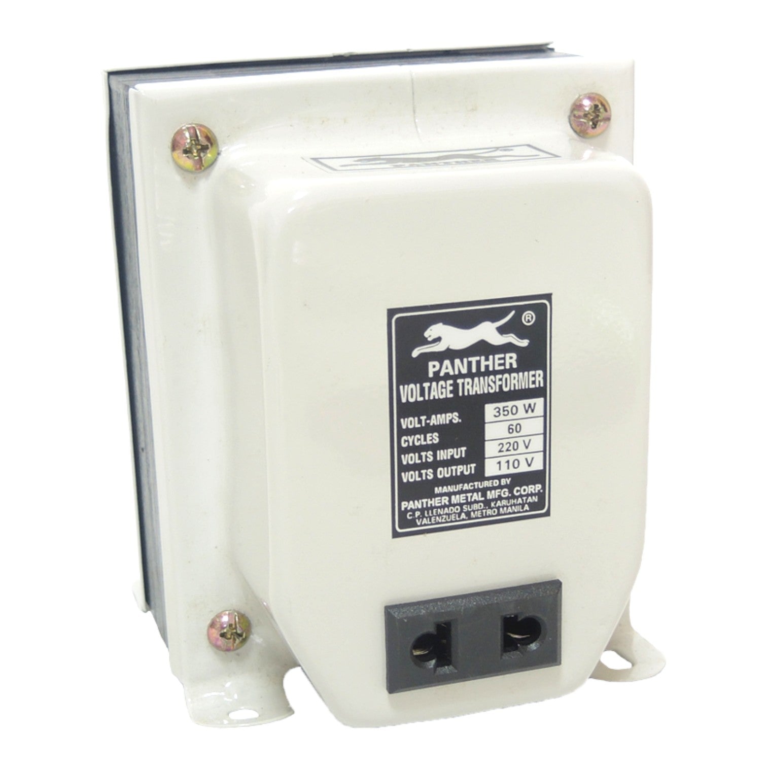 A white Panther Voltage Transformer with a black label and dual electrical outlets on the front, photographed against a white background.