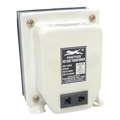 A white Panther Voltage Transformer with a black label and dual electrical outlets on the front, photographed against a white background.