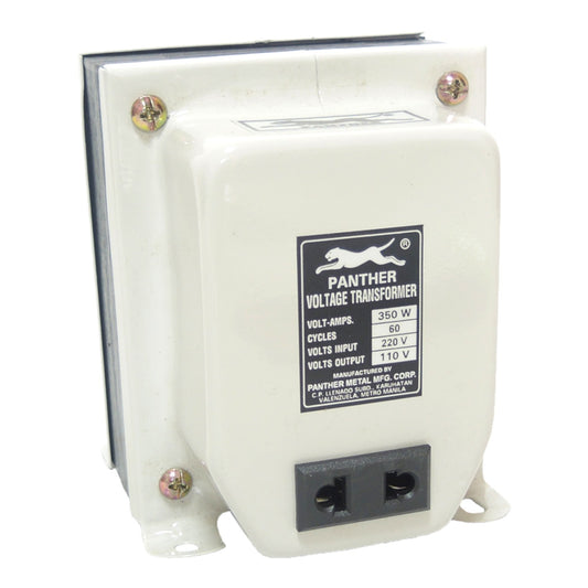 A white Panther Voltage Transformer with a black label and dual electrical outlets on the front, photographed against a white background.