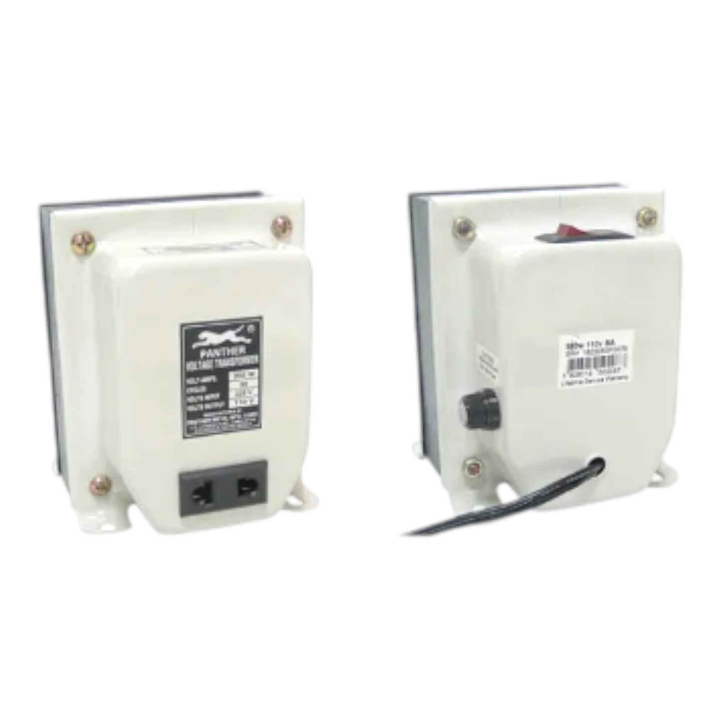 Two white industrial electrical transformers shown side by side on a plain white background, one displaying the front power inlet and label, and the other showing the side with a black cable and switch.