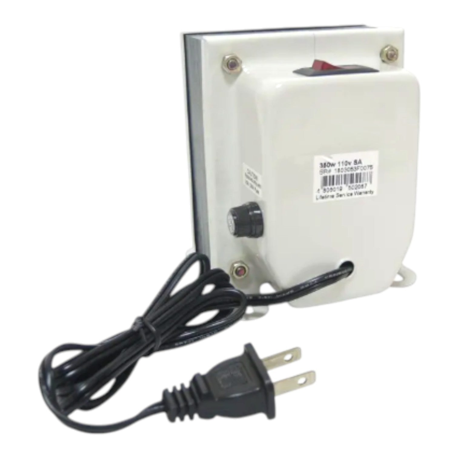 A white electrical power switch box with a black power cord and plug, featuring a red switch and a black dial, shown on a white background.