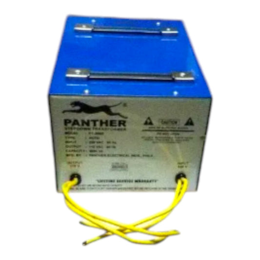 A Panther brand lead-acid starting battery with a blue top casing, silver front panel, yellow cables, and a black leaping cat logo.