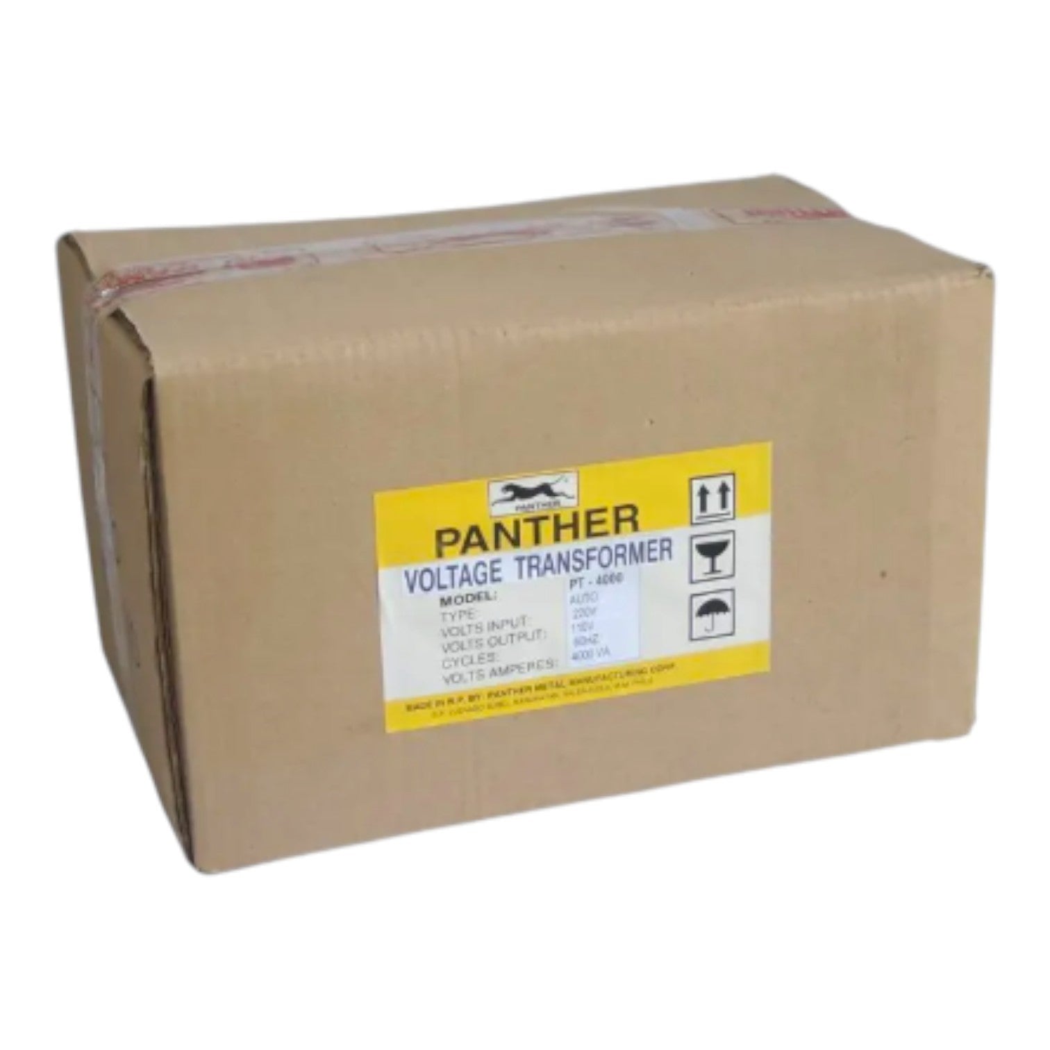 A brown cardboard shipping box with a yellow and white label reading 'PANTHER VOLTAGE TRANSFORMER' on a plain white background.