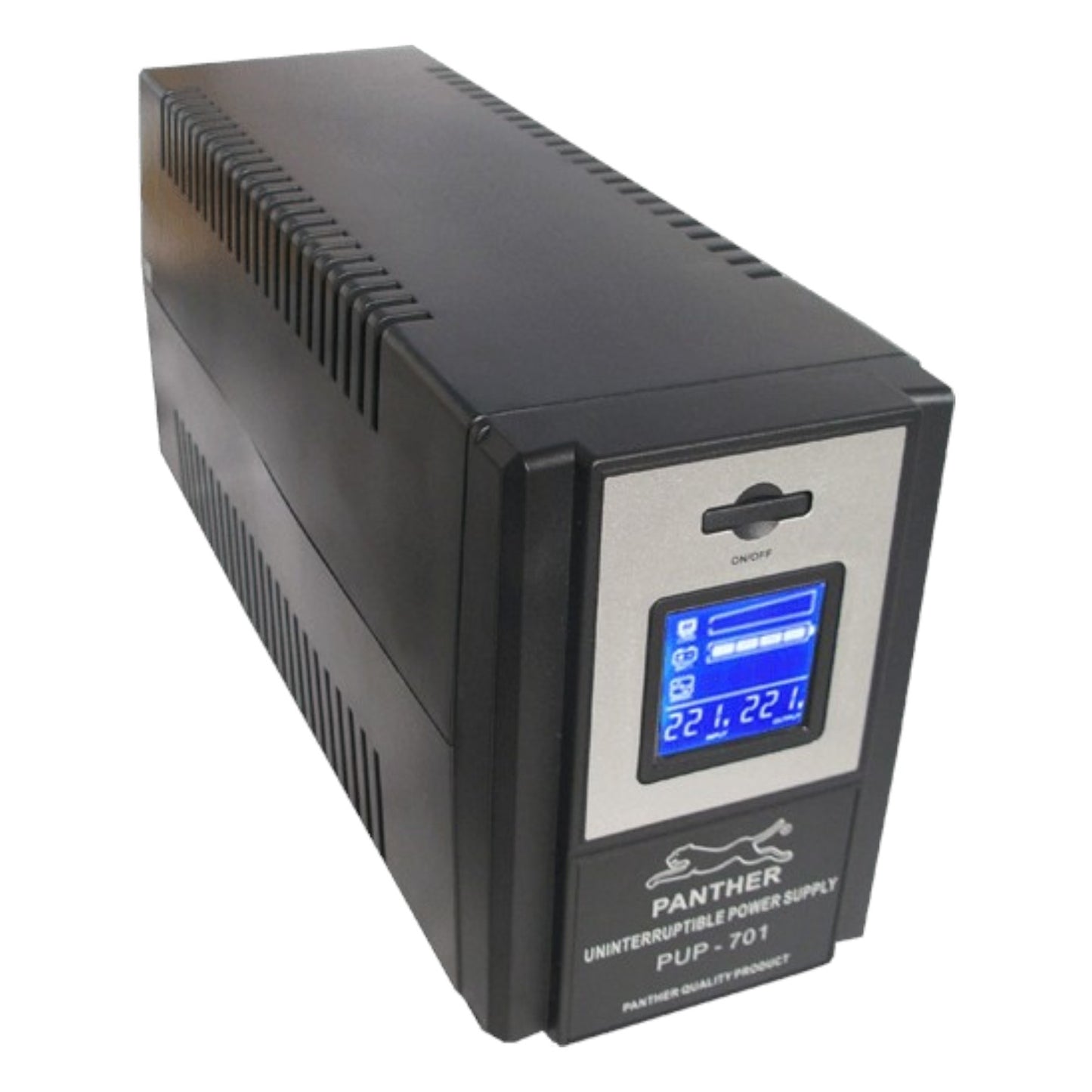 A black Panther PUP-701 uninterruptible power supply with a silver front panel, digital blue display screen, and white brand logo on a white background.