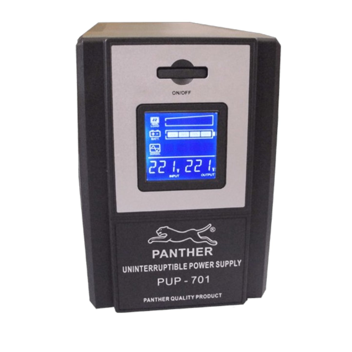 Panther PUP-701 Uninterruptible Power Supply unit with a black casing, silver front panel, and a blue backlit LCD display screen.