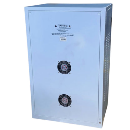 A light blue industrial electrical cabinet or enclosure with two front cooling fans, a caution label, and a perforated side vent, shown on a plain white background.