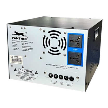 A Panther brand 230V to 110V DC power supply regulator, shown from the back side. The unit has a silver metal casing with a black top and side panels, featuring a blue-accented output section with two AC outlets, a circular vent pattern, and multiple black terminal knobs.