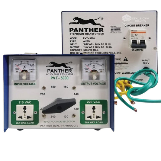 Panther PVT-5000 AC Voltage Inductor stepdown transformer shown with two front control panels and attached multicolored wiring on a white background.