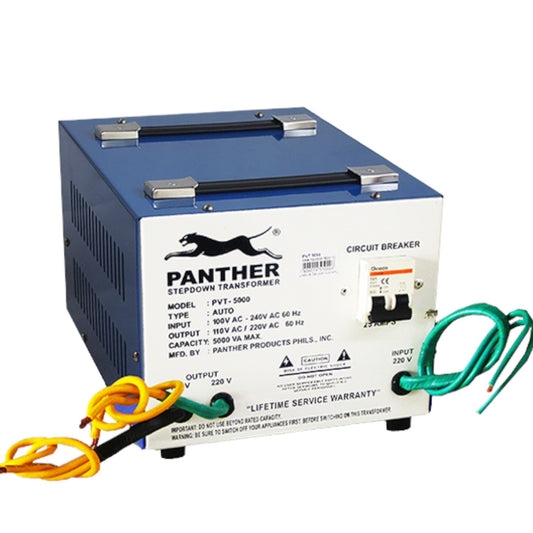 A Panther brand stepdown transformer power supply with a blue and white metal casing, featuring attached yellow, black, and green wires, set against a plain white background.