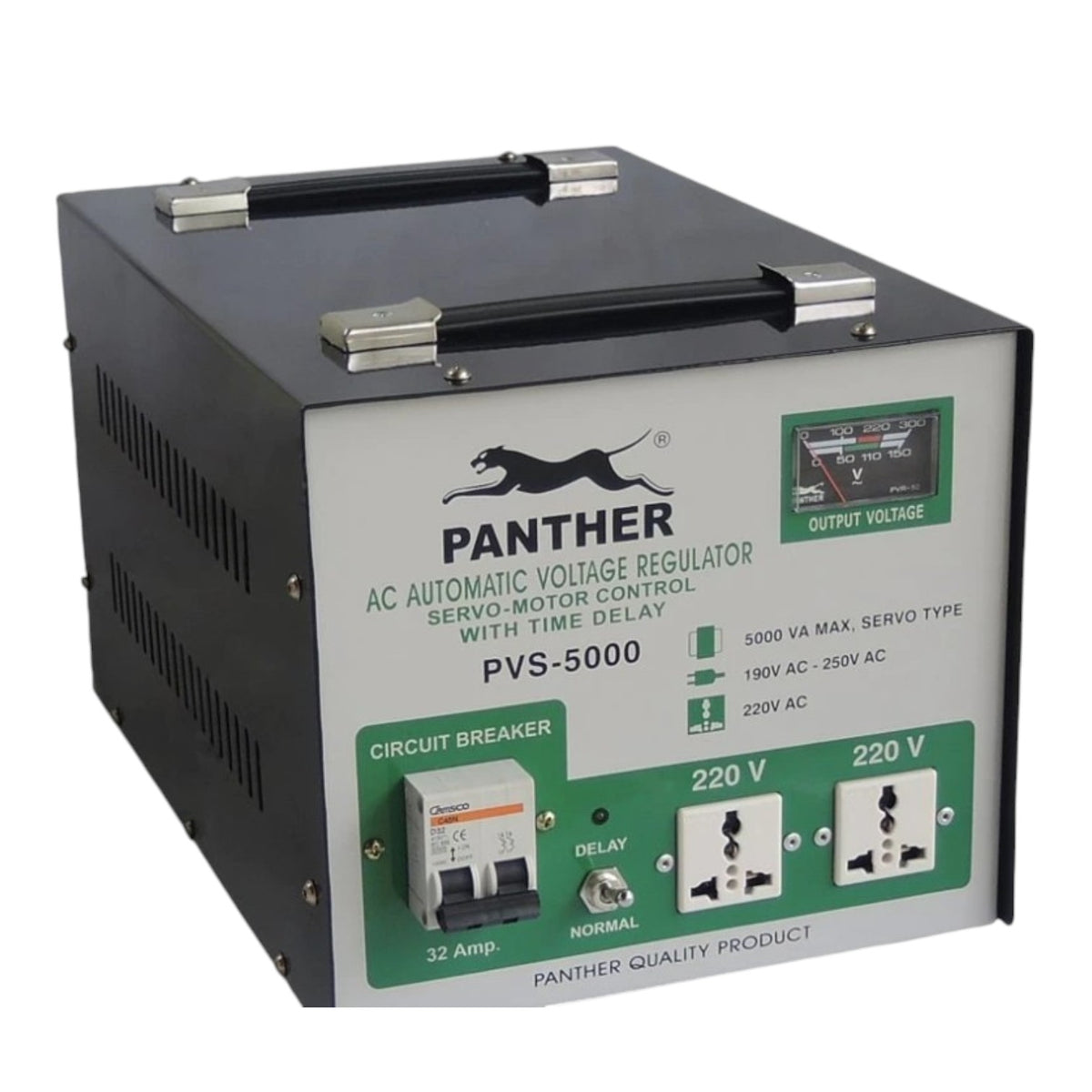 Panther PVS-5000 AC Automatic Voltage Regulator with a black metal casing, silver handle, and a front panel featuring green and white sections with circuit breaker, delay switch, and three 220V outlets.