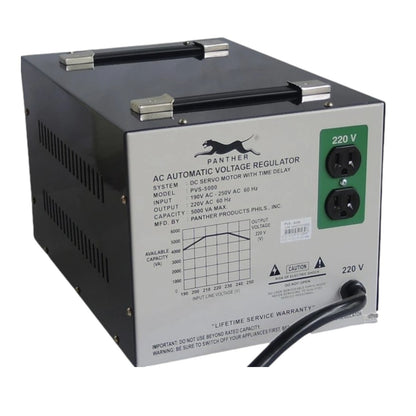 Panther brand AC Automatic Voltage Regulator, model PVS-5000, shown from a three-quarter angle. The unit has a dark gray metal casing with a silver front panel displaying technical specifications, a green 220V outlet section, and black handles on top.