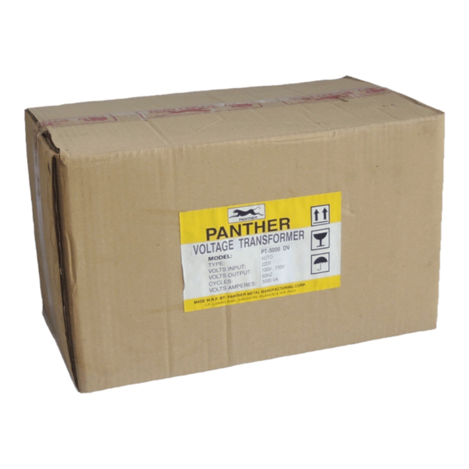 A brown cardboard box for a Panther Voltage Transformer, featuring a yellow and white label on the front with product details and handling icons.
