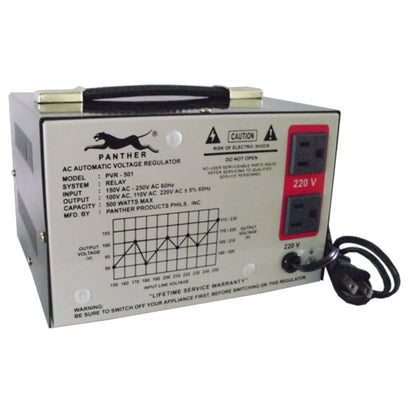 Panther PWR-501 AC Automatic Voltage Regulator with a gray metal casing, featuring a red digital voltmeter, black power cords, and printed technical specifications and waveforms on the front panel.