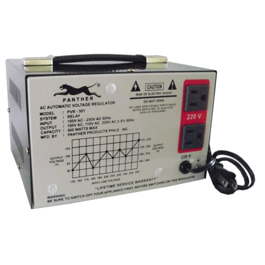 Panther PWR-501 AC Automatic Voltage Regulator with a gray metal casing, featuring a red digital voltmeter, black power cords, and printed technical specifications and waveforms on the front panel.