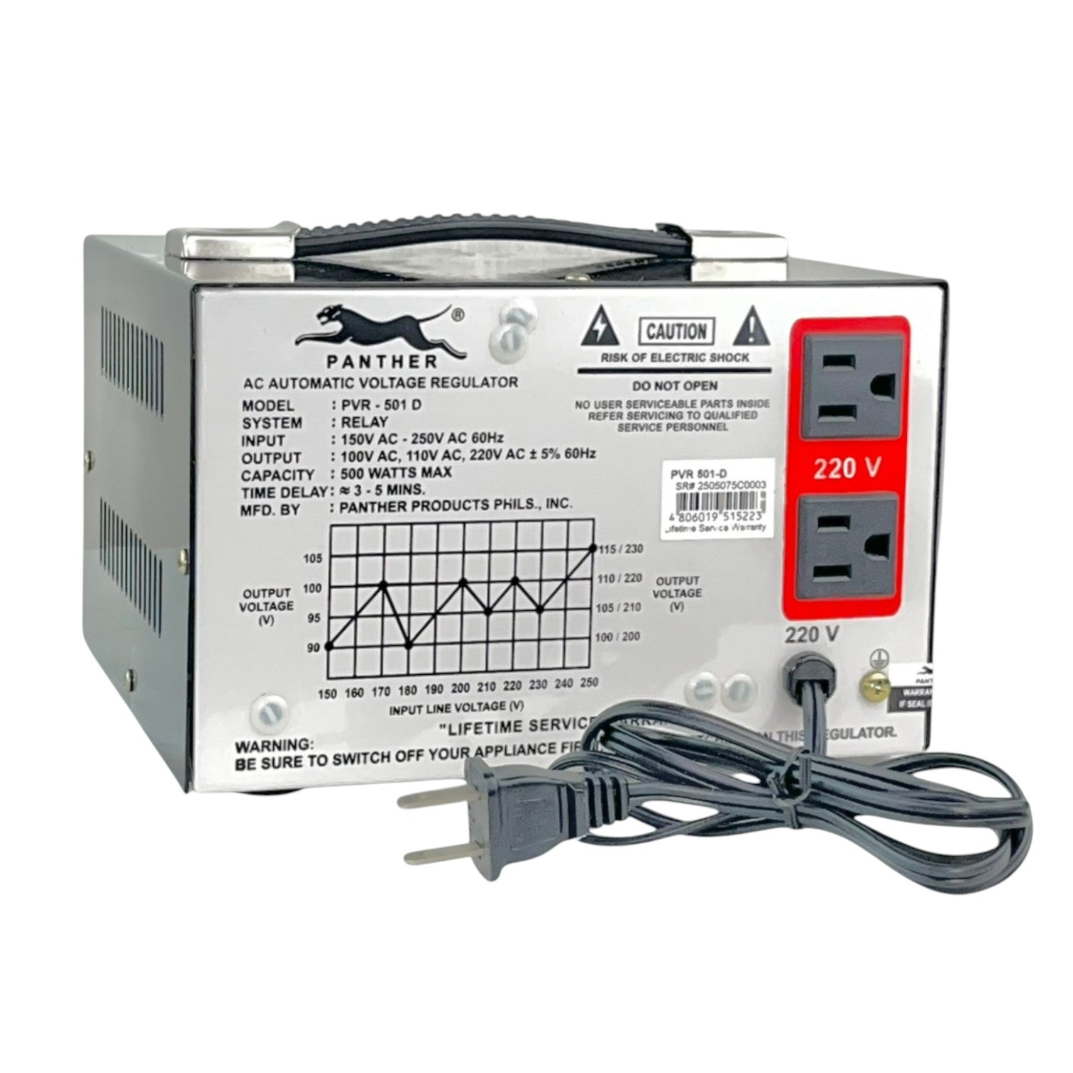 Panther Products PWR-501 D AC Automatic Voltage Regulator power supply unit with a black power cord, featuring a silver metal casing, red and black outlet panels, and printed technical specifications on the front.